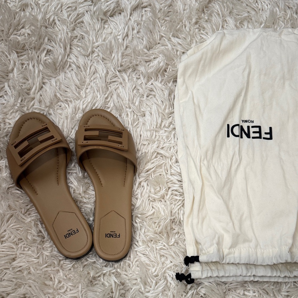 Fendi Beige Baguette Slide Sandals